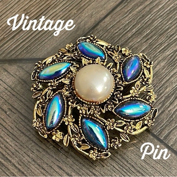 Vintage Antique Gold Victorian Style Pin with Faux Pearl & Oil Slick Gems - Picture 1 of 16